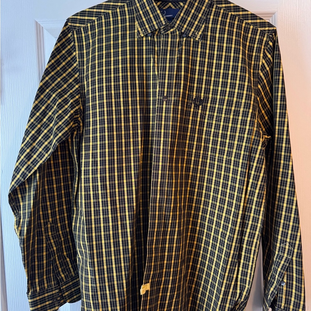 Men's Black and Yellow Plaid Fred Perry Button Up.
